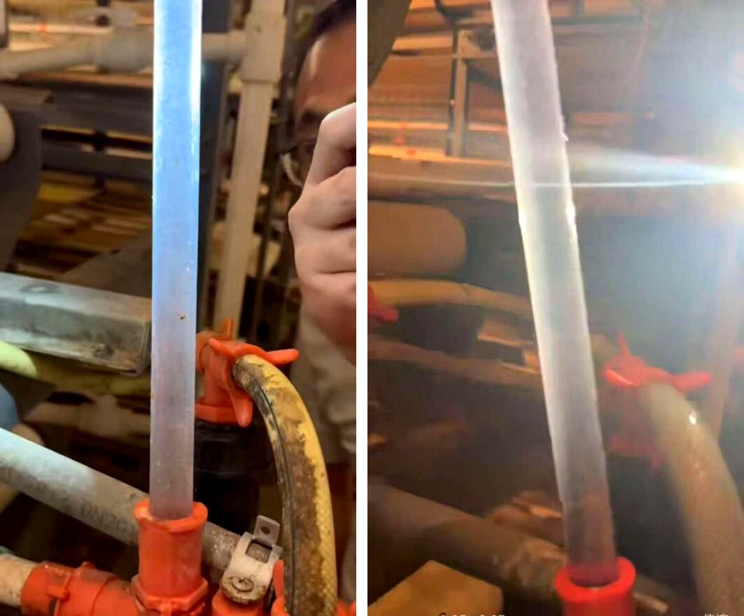 肉鸡养殖水线管路对照实拍：实验组管壁洁净无生物膜，对照组管内附着明显