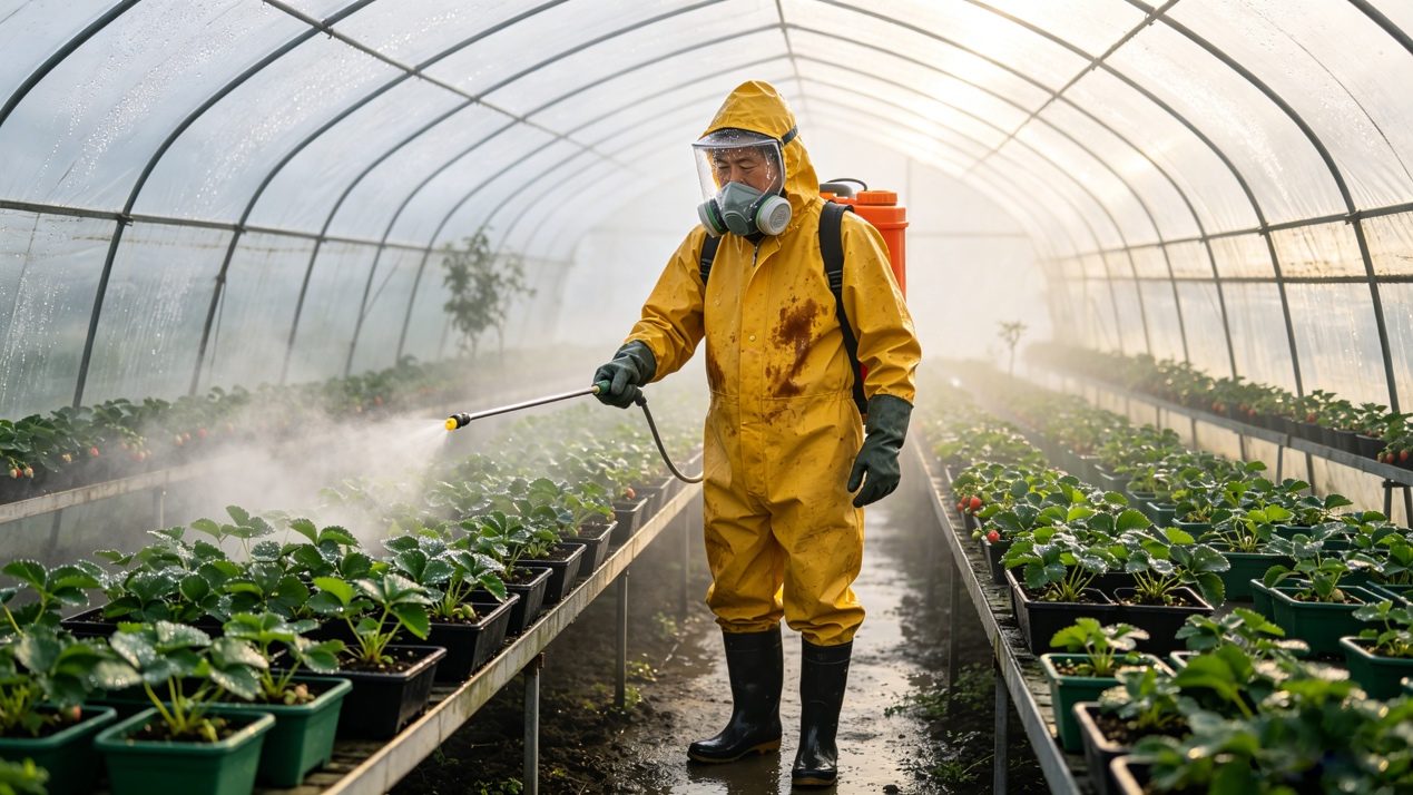 作业人员在江苏省农科院溧水基地设施大棚内对草莓苗床进行微酸水喷洒作业