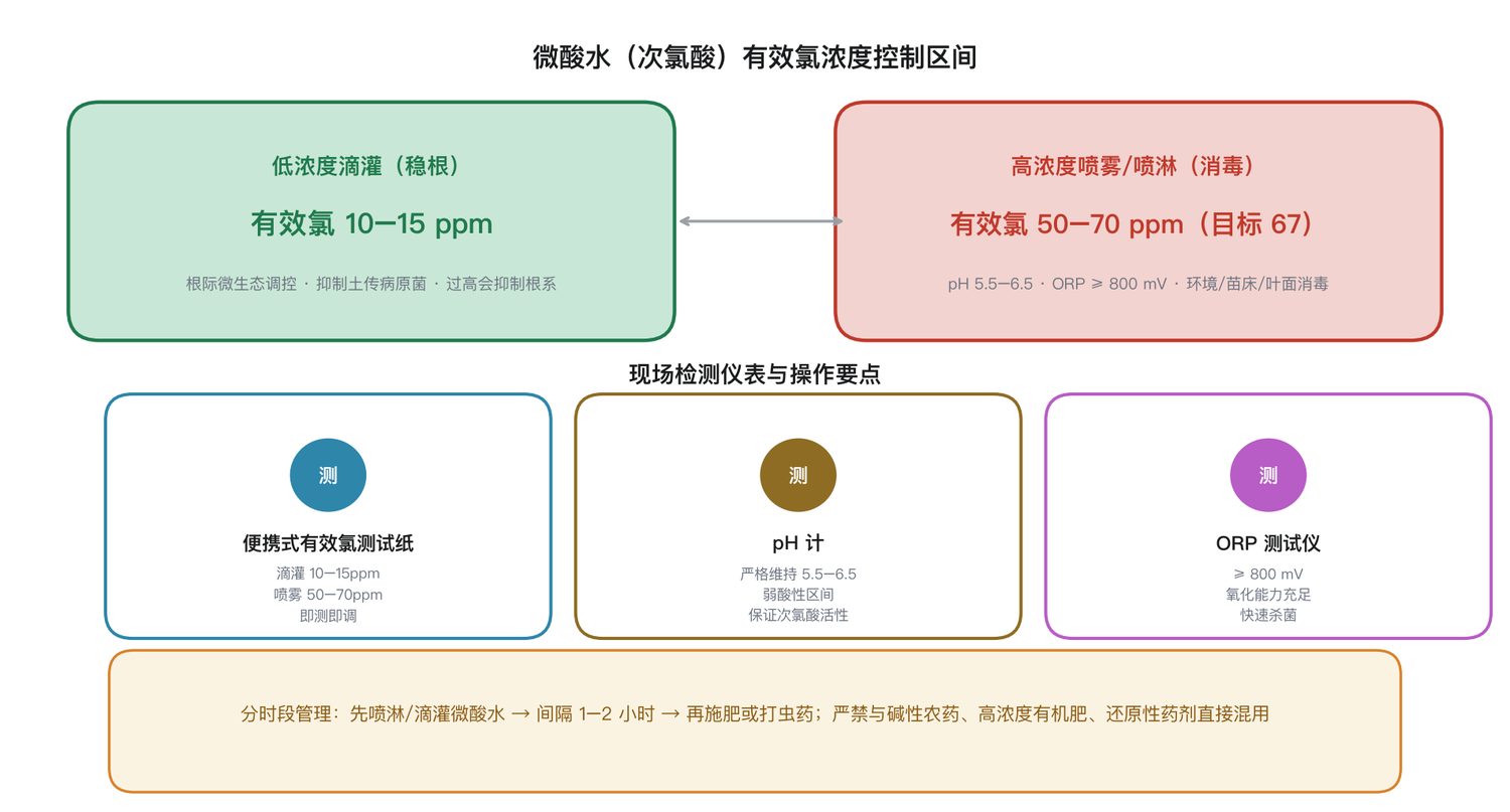 微酸水有效氯浓度控制区间与理化指标监测要点示意图