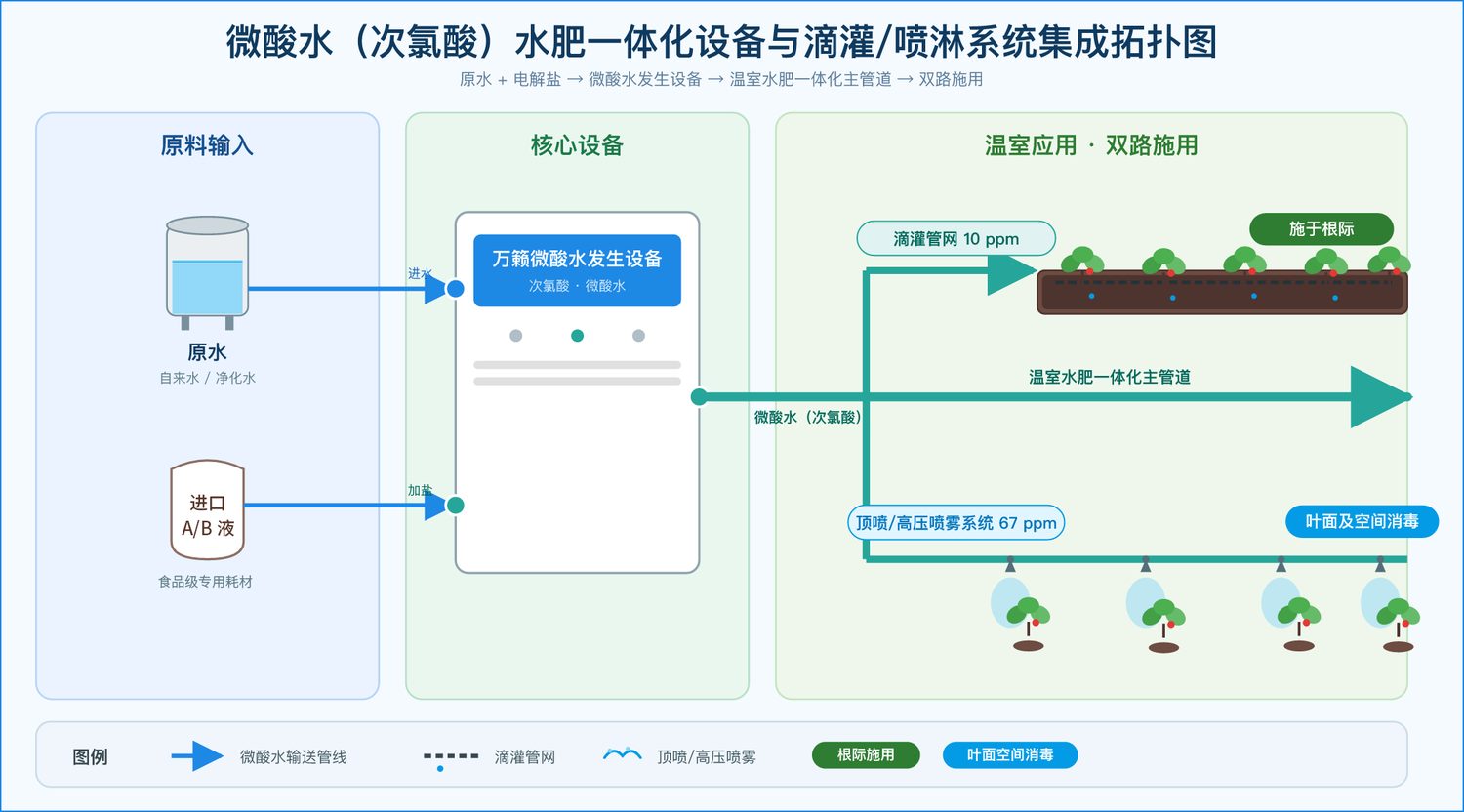 微酸水次氯酸水肥一体化设备与滴灌喷淋系统集成拓扑图