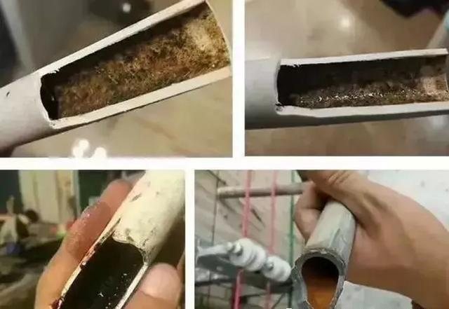 长期运行后的饮水管内壁附着物特写,管壁可见明显生物膜堆积