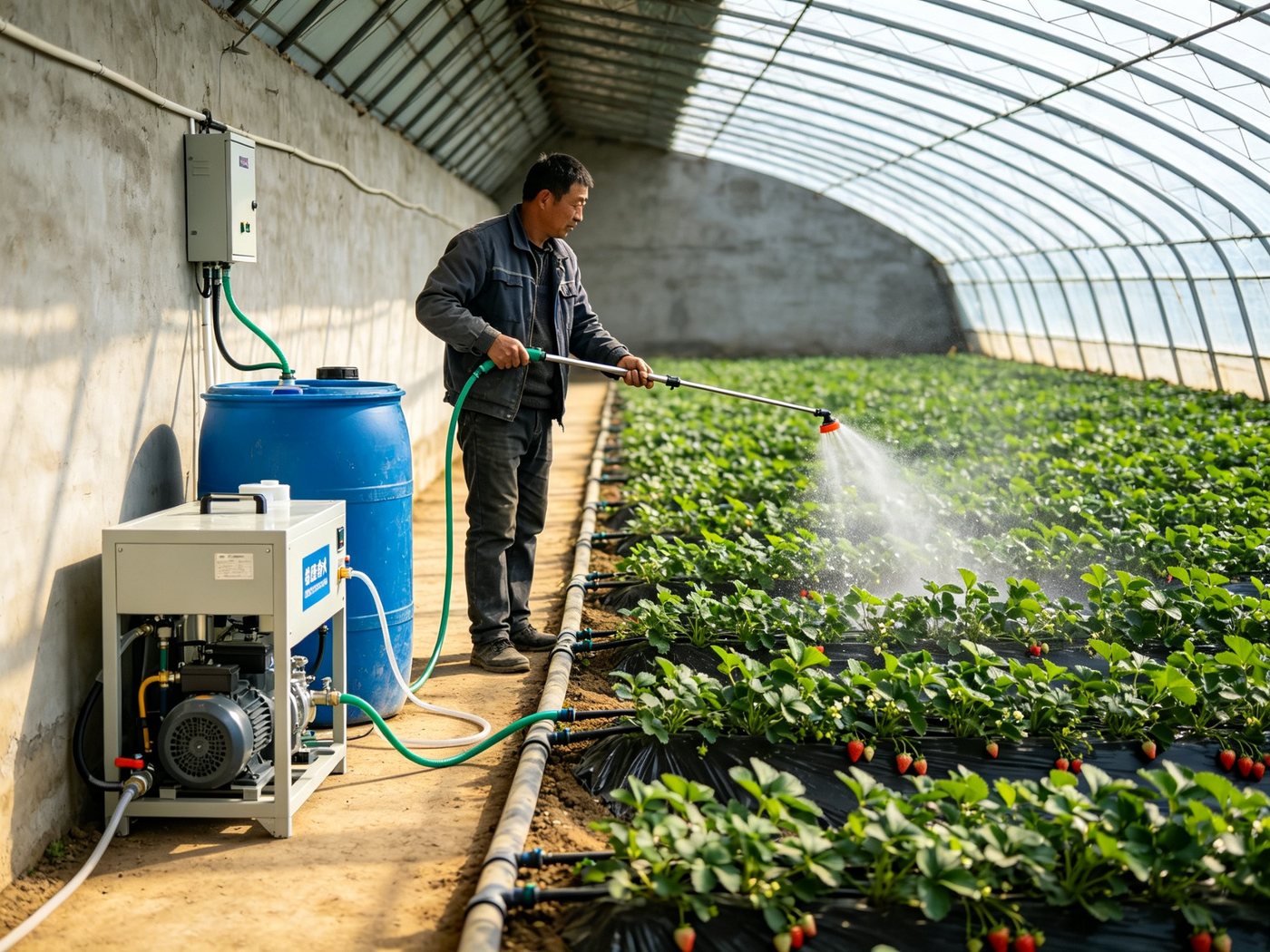 技术人员操作微酸水制备设备对苗床进行喷淋作业