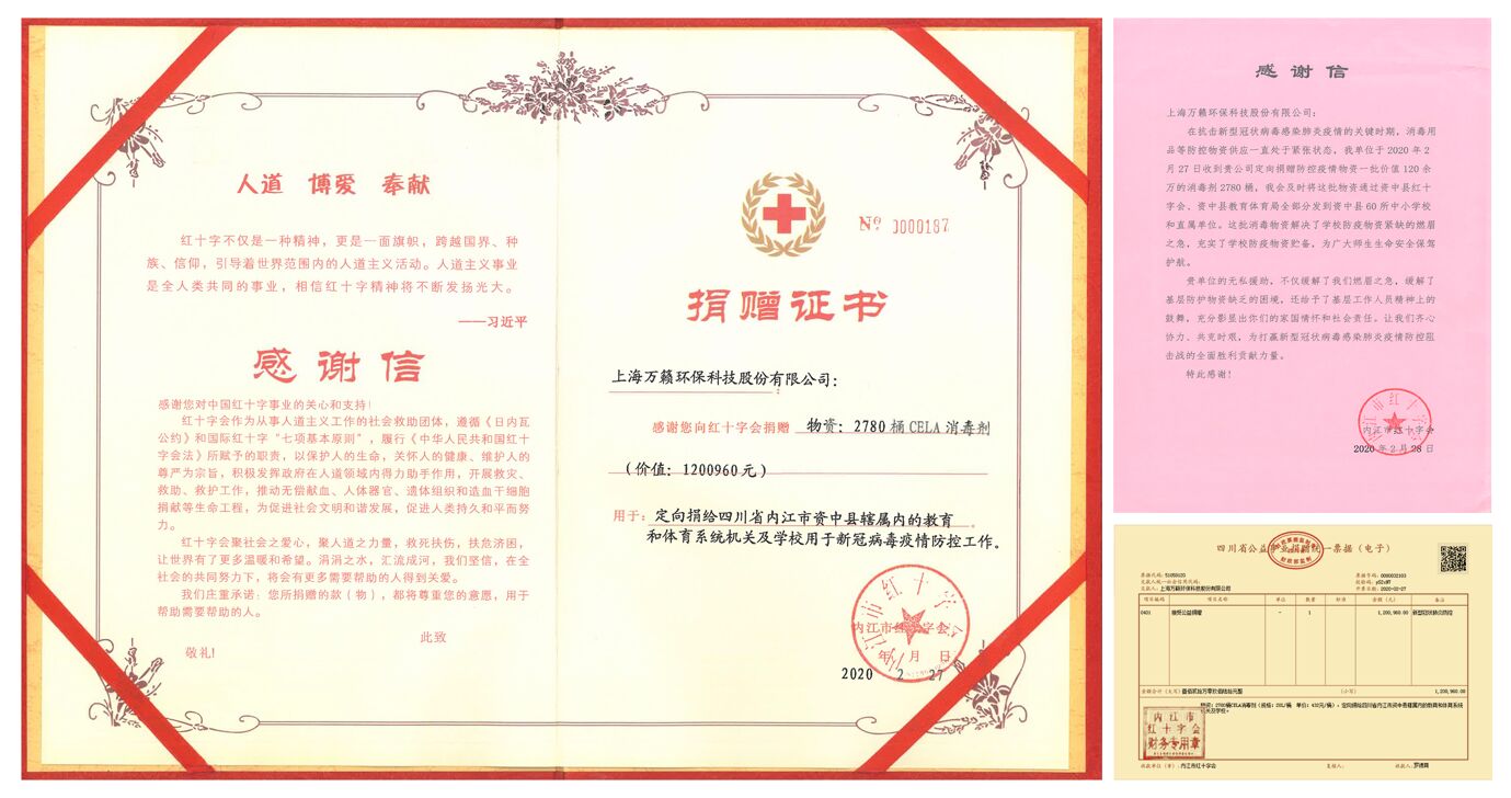 内江市红十字会致上海万籁环保科技股份有限公司的感谢信与捐赠证书